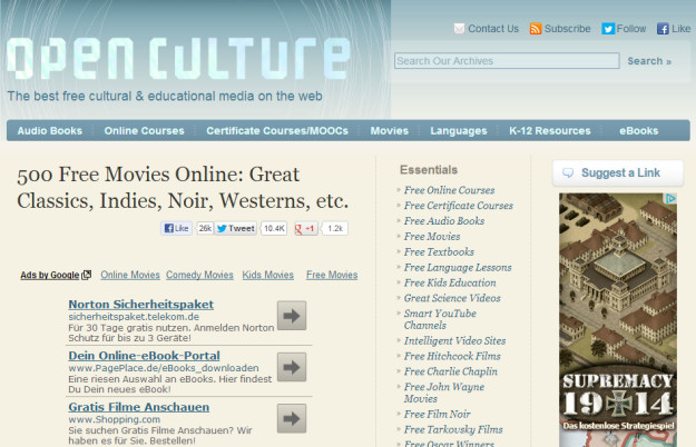 Klicken Sie zu Openculture - kostenlose Filme